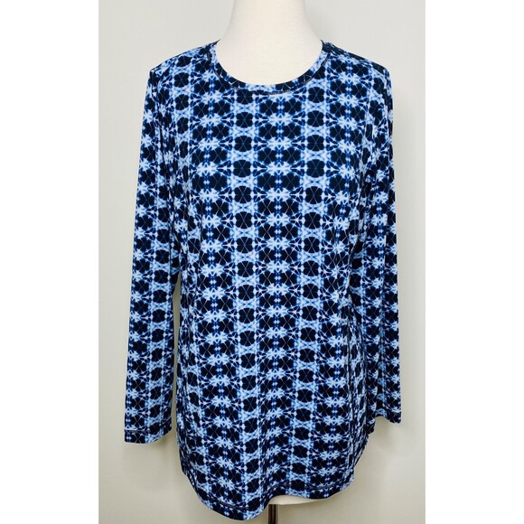 J Jill Fit Long Sleeve Crew Neck Tee Tunic Blue White Tie Dye Stretchy Top Sz M - Picture 1 of 7